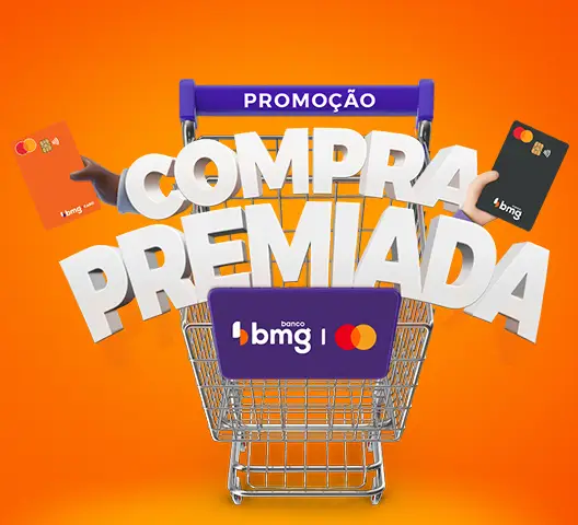 Ilustração contém um carrinho de compras com a logo do banco bmg e a bandeira mastercard e destaque o título Compra premiada